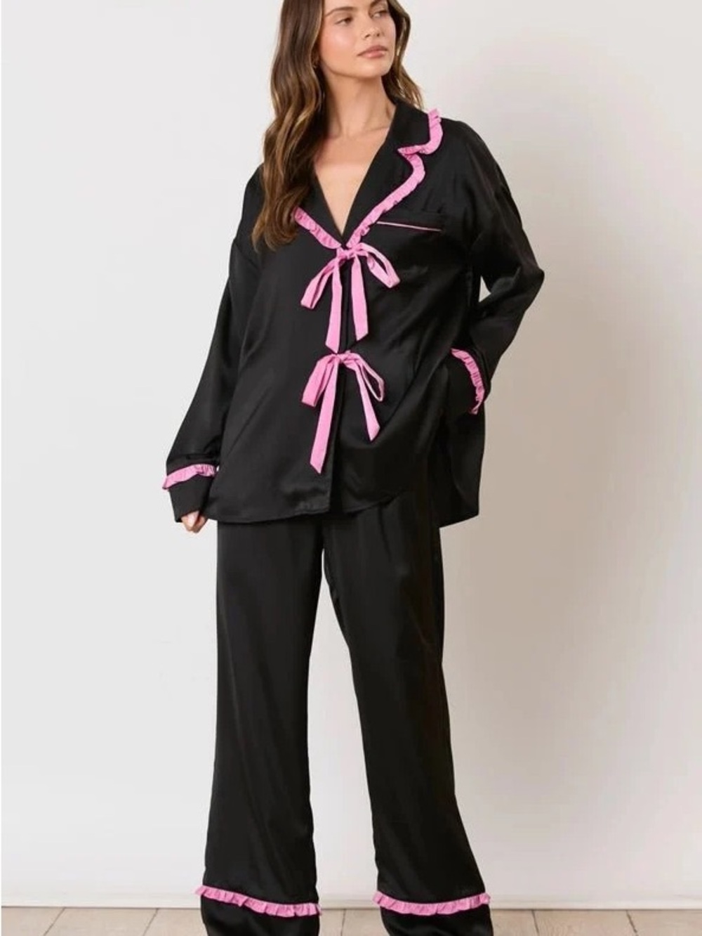Peach Love California Black Satin Pajama Set with Pink Trim